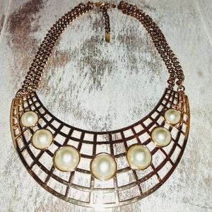 Gold Statement Necklace With Faux Pearls Attached.